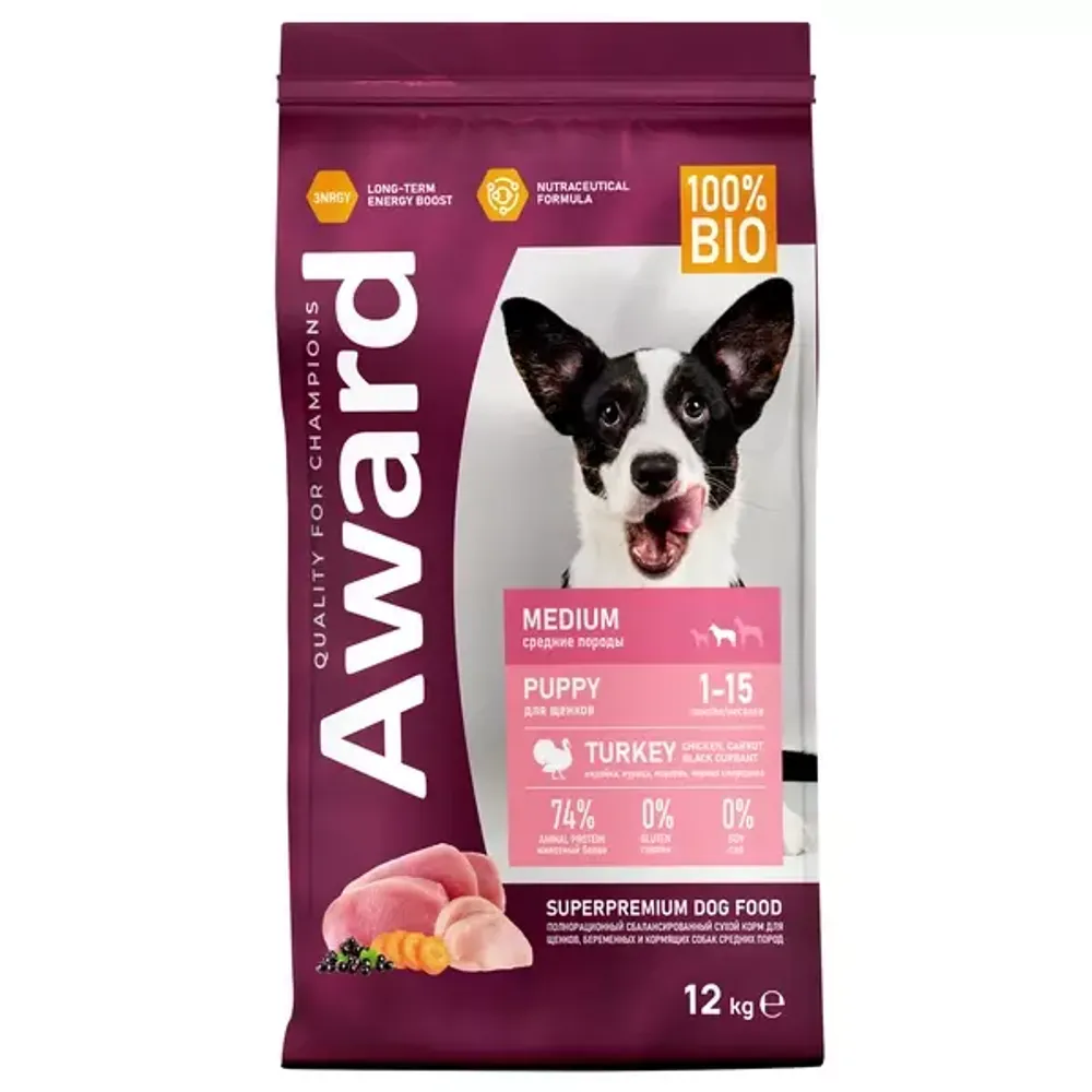 Сухой корм AWARD для щенков от 1 мес, беременных и кормящих сук средних пород с индейкой и курицей с добавлением моркови и черной смородины Сухой корм AWARD для щенков от 1 мес, беременных и кормящих сук средних пород с индейкой и курицей с добавлением моркови и черной смородины