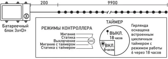 Светодиодная гирлянда 10 м., 3 батарейки типа D 4.5V, 100 LED ламп светло розового цвета, таймер, прозрачный провод, LTC (EST100-4W10-8BP)