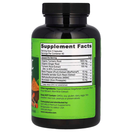 NATURELO, Куркумин, куркумин и корень имбиря с Bioperine®, 120 вегетарианских капсул