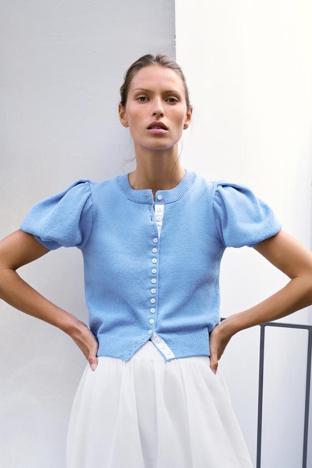Вязаный кардиган с короткими рукавами и рукавами-балонами - ZARA