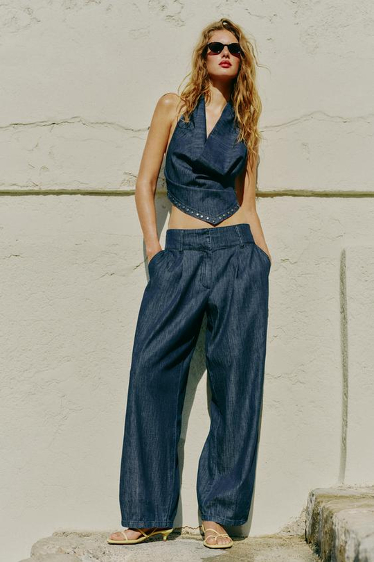 ZARA БРЮКИ BARREL С ЗАЩИПАМИ, СИНИЙ