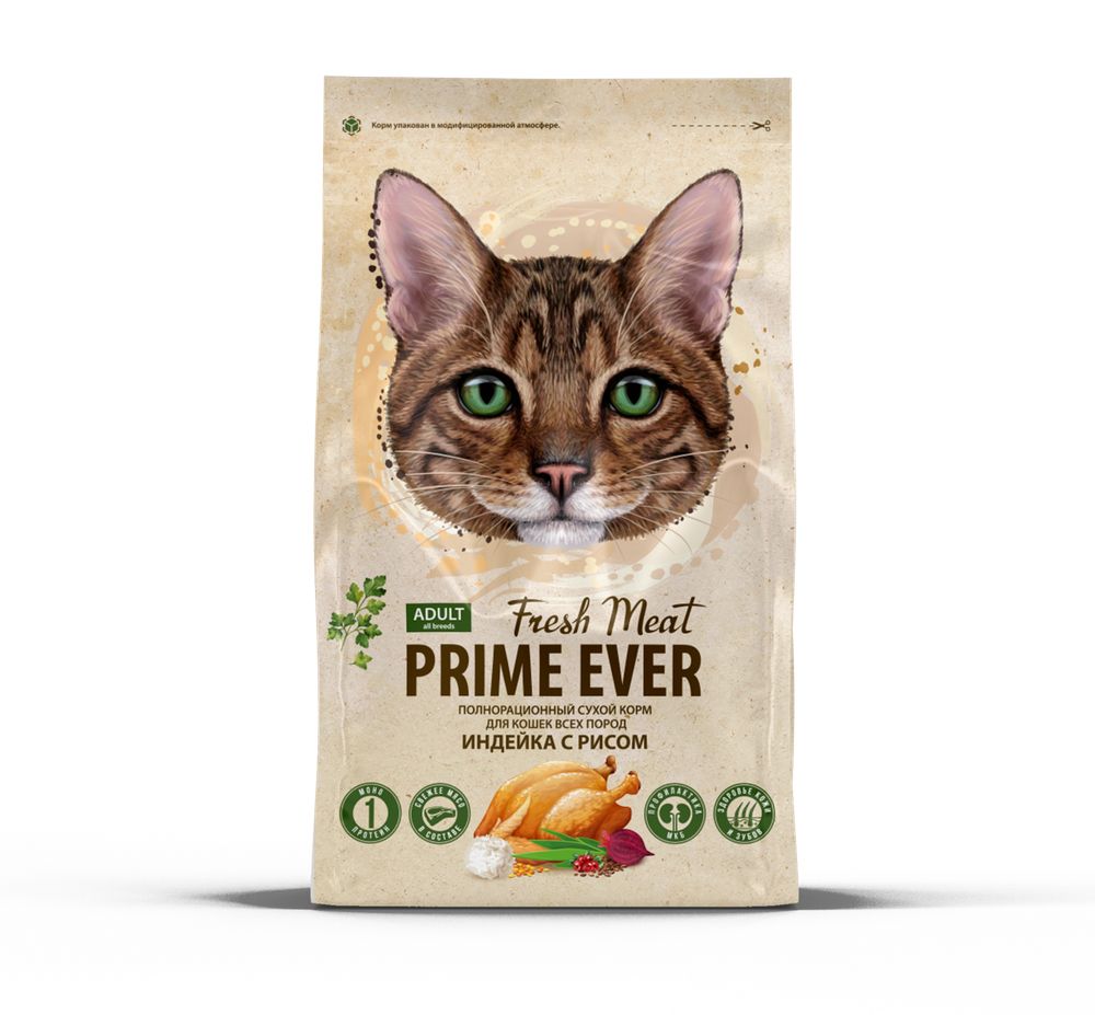 Prime Ever Fresh Meat Adult Cat Индейка с рисом полнорационный сухой корм для кошек всех пород 0,37 кг