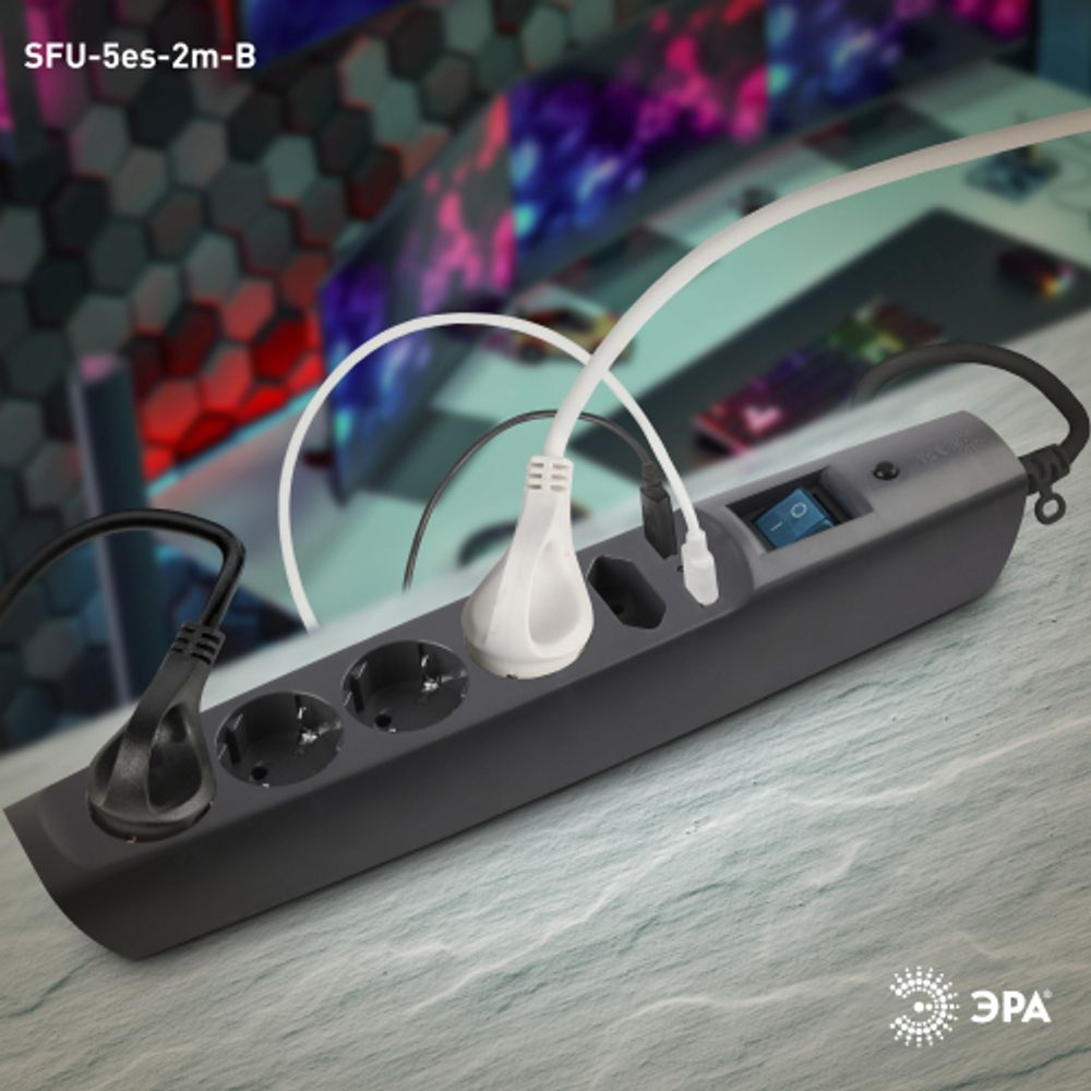 Сетевой фильтр ЭРА SFU-5es-2m-B с надежной защитой с заземлением с выключателем 5 розеток 2м 2xUSB 10А черный