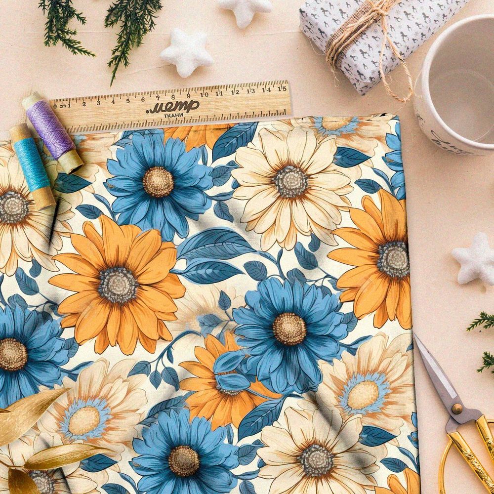 Ткань премиум таффета голубые и оранжевые цветы
