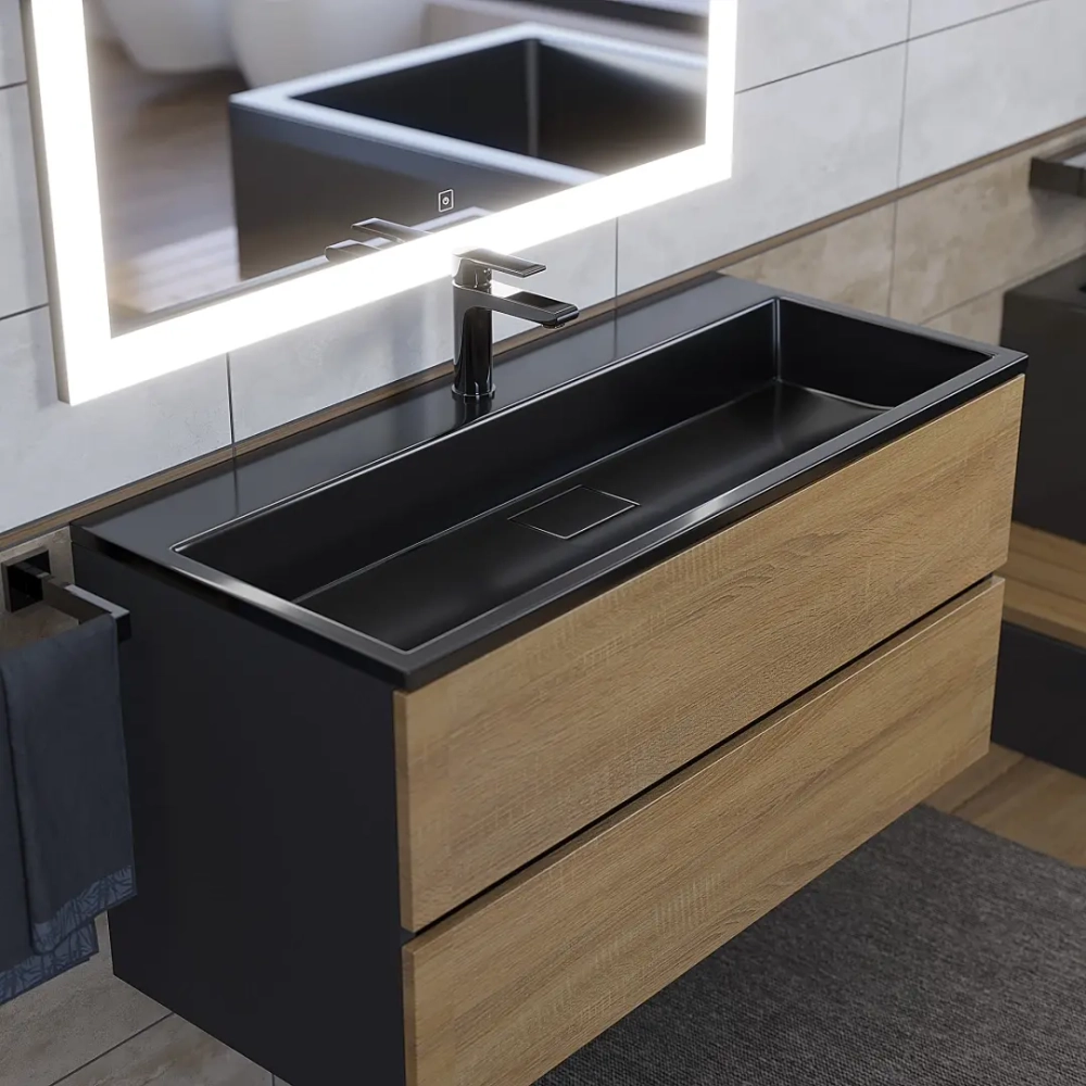 Тумба с раковиной Uperwood Barsa 100 см, раковина черная глянцевая, подвесная тумба черная/дуб сонома