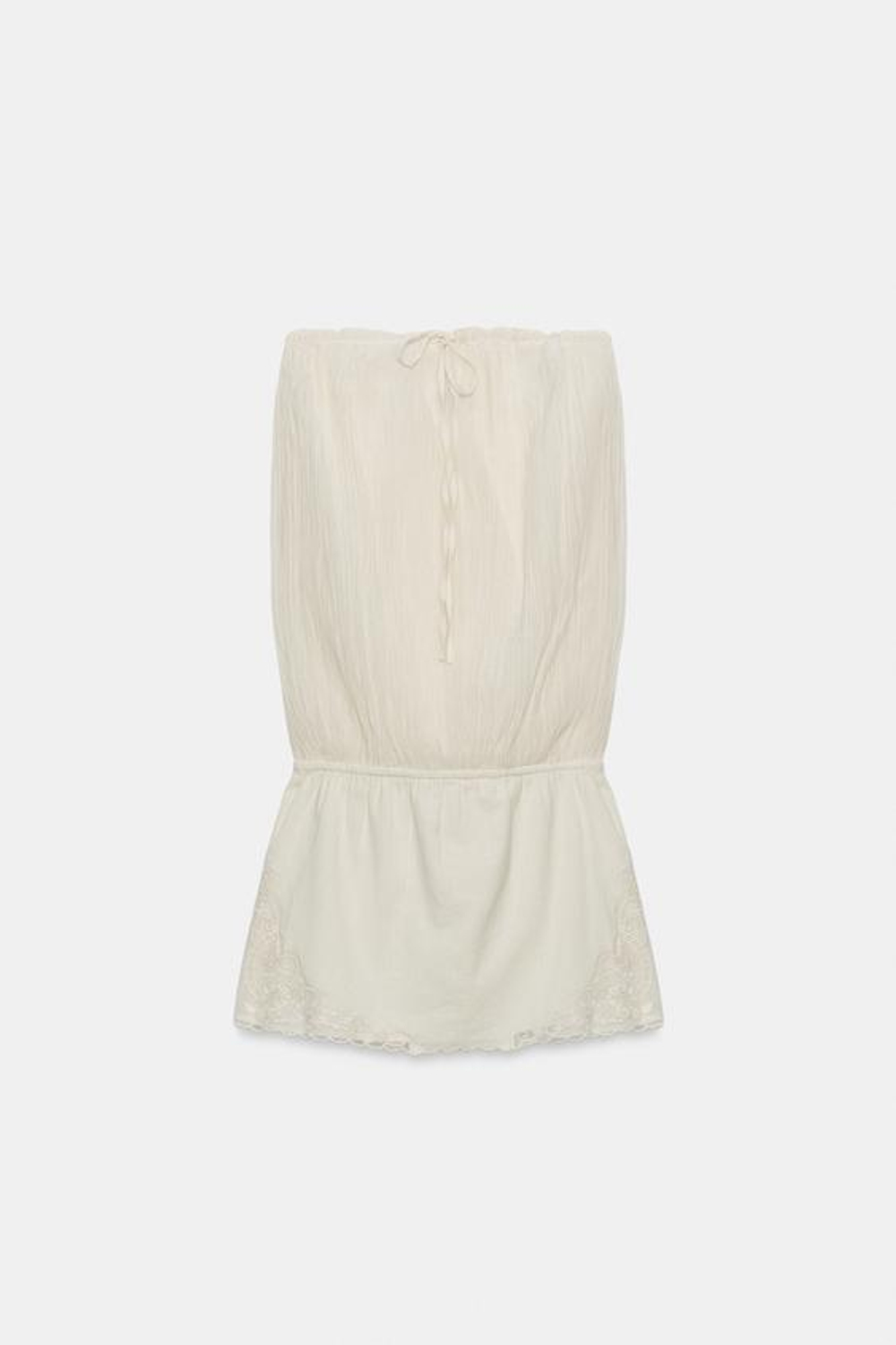 ZARA ПЛАТЬЕ БЕЗ БРЕТЕЛЕК ИЗ КОМБИНИРОВАННЫХ ТКАНЕЙ С ВЫШИВКОЙ, ЖЕЛТОВАТО-БЕЛЫЙ