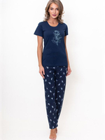 Женская пижама с футболкой и брюками (Размер: M) (Цвет: темно-синий)