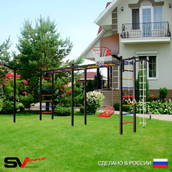 Уличная шведская стенка Sv Sport рукоход х 2 с комплектом турник прямой У53833К (Турник/Со спинкой/Щит баскет/Кронш бокс/Канат/кольца/лестница)