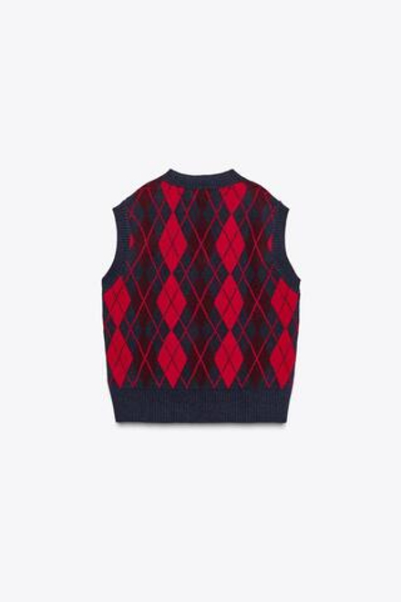 ZARA ТРИКОТАЖНЫЙ ЖИЛЕТ ОВЕРСАЙЗ С УЗОРОМ «РОМБЫ», КРАСНЫЙ/ТЕМНО-СИНИЙ