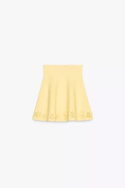 ZARA ТРИКОТАЖНАЯ МИНИ-ЮБКА С АЖУРНОЙ ВЫШИВКО, ЖЕЛТЫЙ