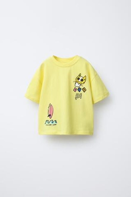 ZARA ФУТБОЛКА ИЗ ТКАНИ С ПРИНТОМ, ЖЕЛТЫЙ