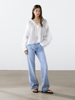 Massimo Dutti Блуза из струящейся смесового льна в полоску, белый