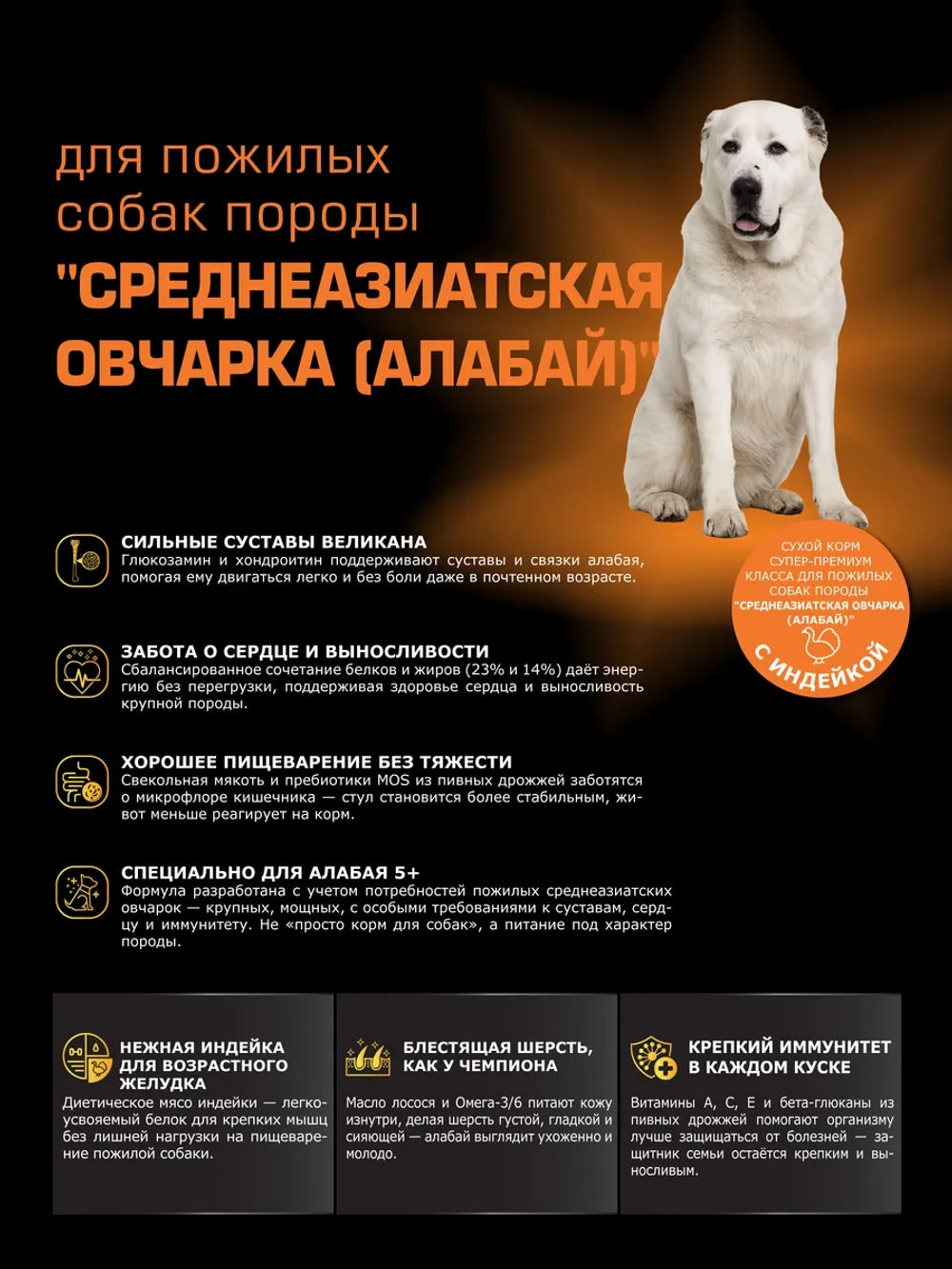 Корм для собак породы Алабай старше 5 лет, индейка 12 кг