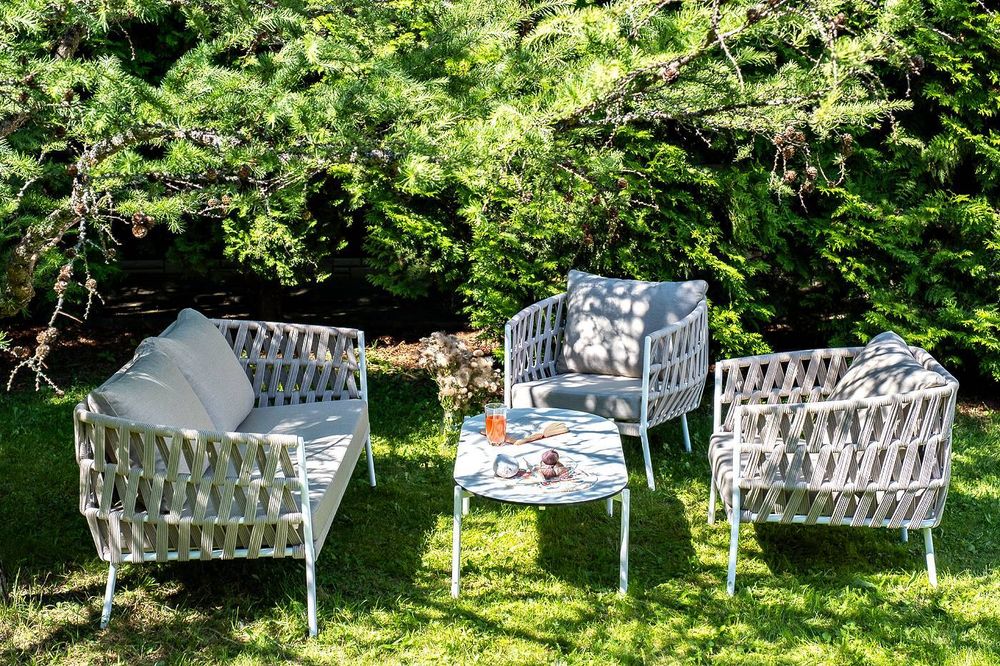 "Диего" лаунж-зона 4-местная плетеная из роупа (веревки), каркас алюминиевый белый, роуп бежевый