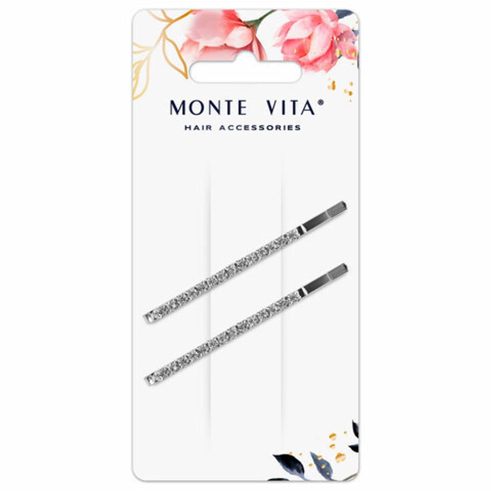 Невидимки для волос НАБОР 2 шт., 5,5 см, со стразами, серебристый, MONTE VITA, 457098