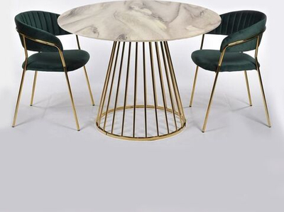 Стол Liverpool диам.100см, керамогранит белый мрамор с золотистыми ножками