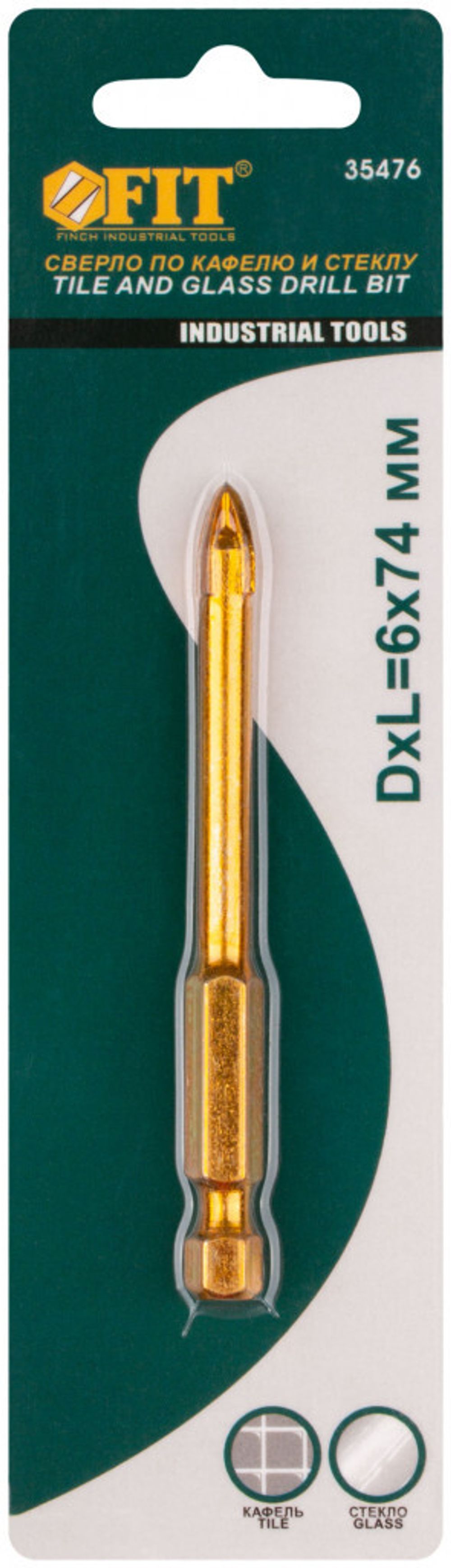 35476 Сверло по кафелю, 4 режущие кромки, титановое покрытие, u-хвостовик под биту 6 х 74 мм