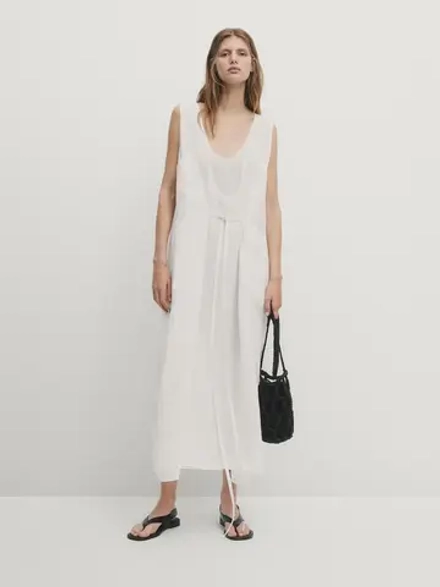 Massimo Dutti Многослойное платье миди с завязками, белый