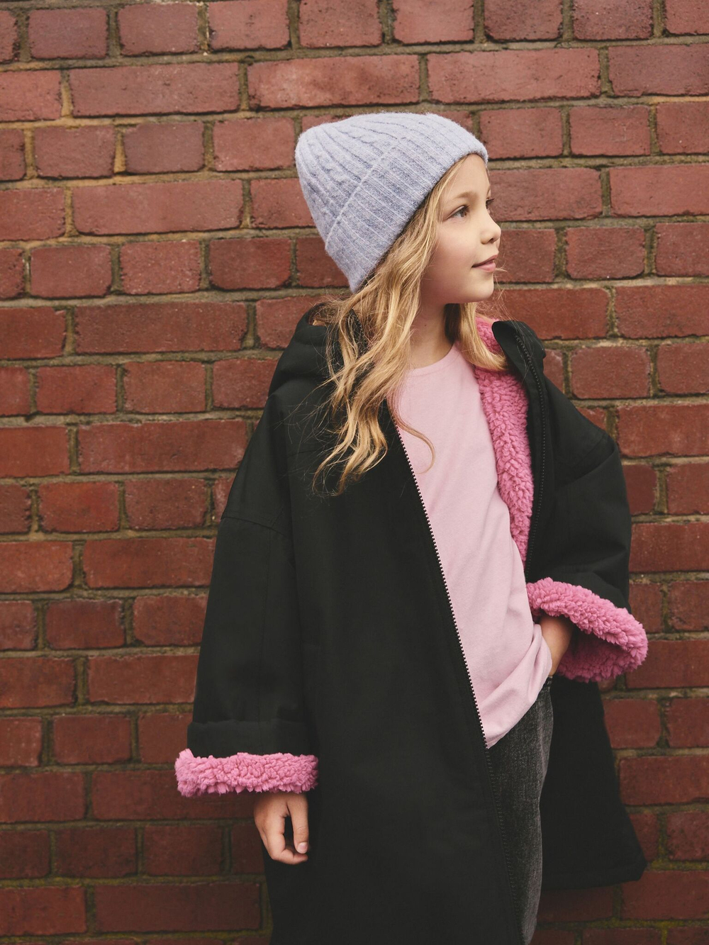 Плащ водонепроницаемый с флисовой подкладкой для девочки Next B65-306, Черный, Розовый