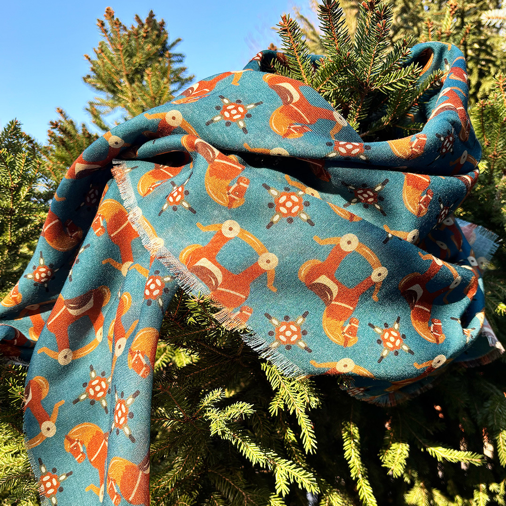 Шаль 120*120см, ЛОШАДКИ на синем