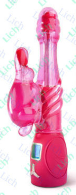 Розовый ротатор витой со стимулятором клитора в виде утки, 25.5 см
