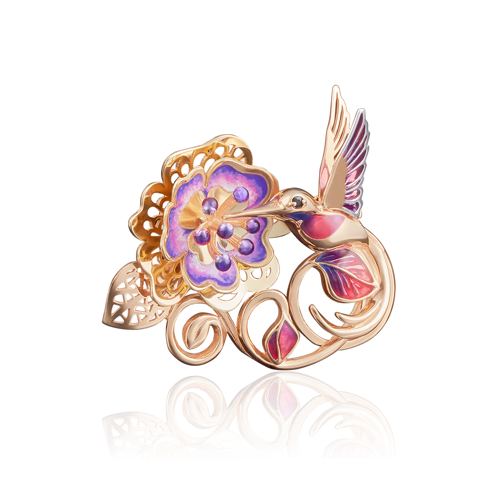 Брошь «Колибри» из красного золота с фианитом и эмалью