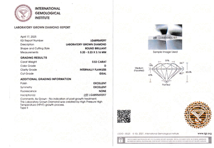 Лабораторно-выращенный бриллиант Кр-57 5.20-5.23 мм D/IF 0.53 ct
