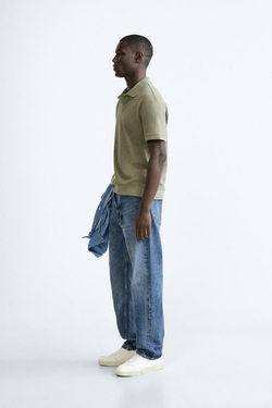 ZARA ПОЛО ИЗ РЕЛЬЕФНОЙ ТКАНИ, СВЕТЛЫЙ ХАКИ