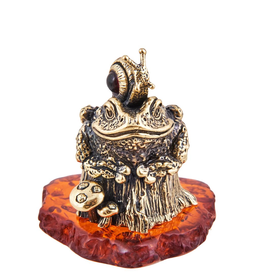 Народные промыслы AM-3685 Фигурка «Лягушка Жаба на пне» (латунь, янтарь)