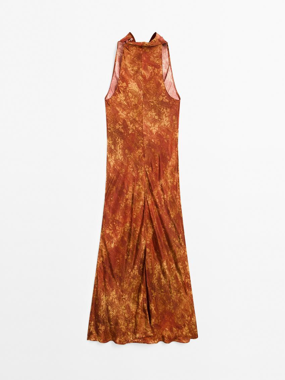 Massimo Dutti Длинное платье из струящейся ткани с принтом, оранжевый