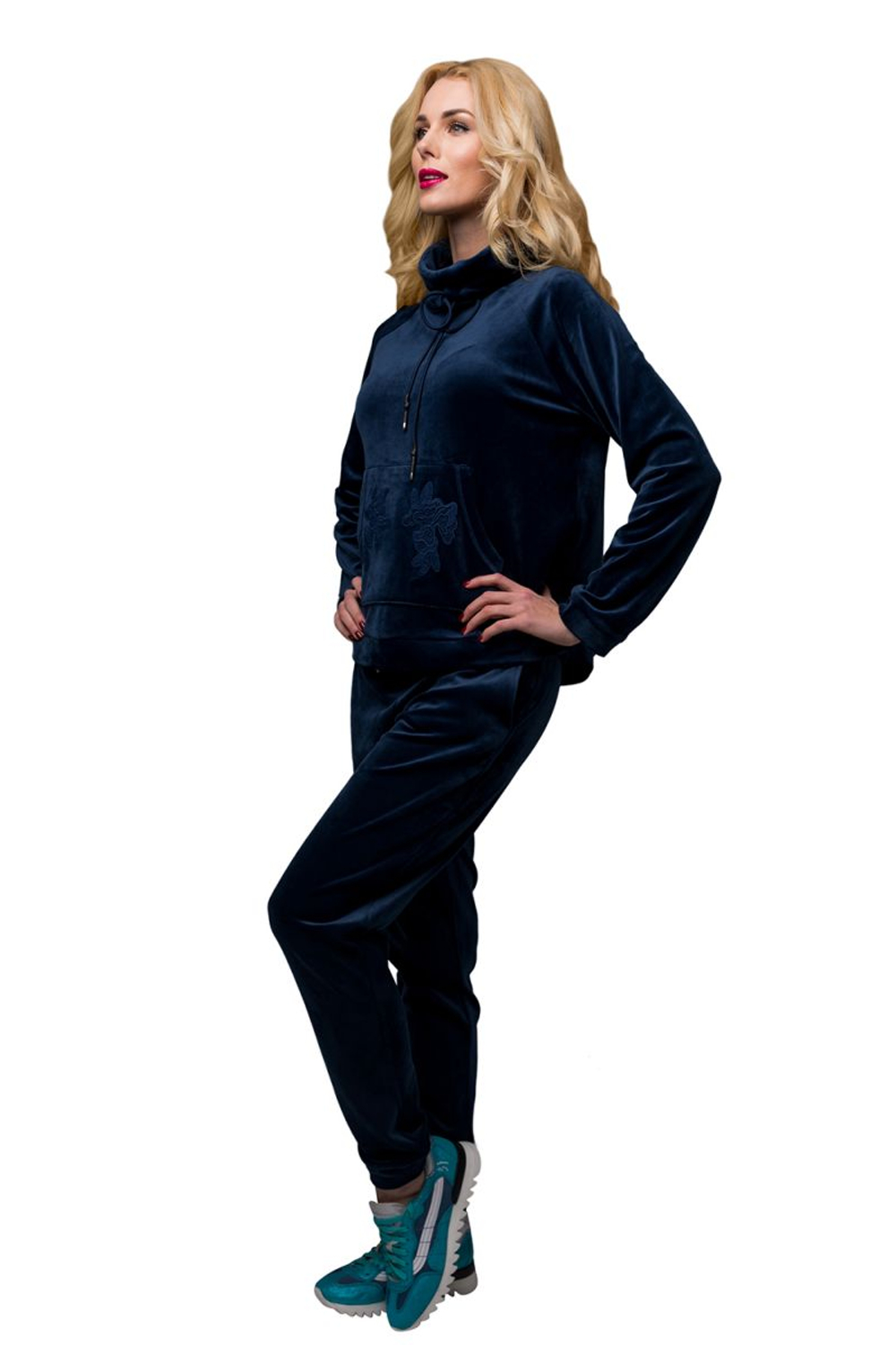 Костюм из бархатистого материала с карманом-кенгуру (Размер: XL) (Цвет: темно-синий)