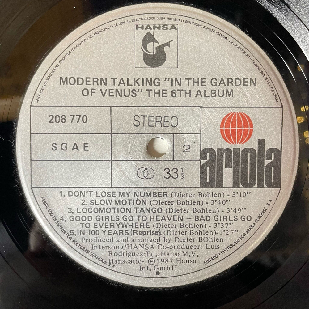 Винтажная виниловая пластинка LP Modern Talking In The Garden Of Venus The 6th Album (Испания 1987)