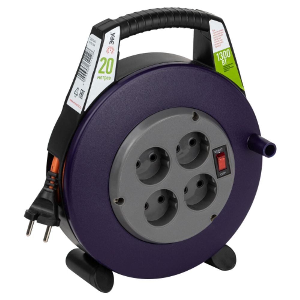 Удлинитель силовой ЭРА BPx-4-2x0,75-20m в закрытом корпусе без заземления с выключателем 4 розетки 20м ПВС 2x0,75мм2 6А | Силовые удлинители