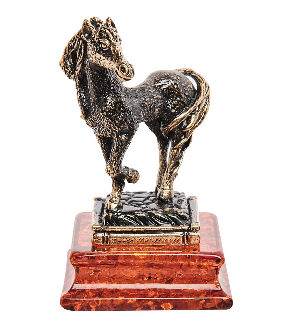 Народные промыслы AM- 254 Фигурка «Лошадь на постаменте» (латунь, янтарь)