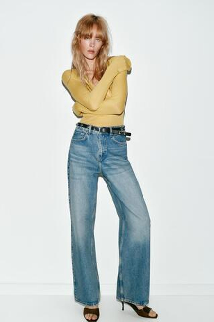 ZARA ДЖИНСЫ Z1975 С ВЫСОКОЙ ПОСАДКОЙ, ЗАУЖЕННЫЕ КНИЗУ, С РЕМНЕМ, ГОЛУБОЙ