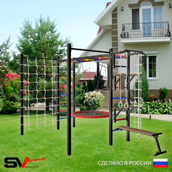 Уличная шведская стенка Sv Sport рукоход с комплектом турник прямой 2шт У5286.1 (Турник/Брусья/Стойка/Скамья/Гнездо 100см/Канат/кольца/лестница/Сетка)