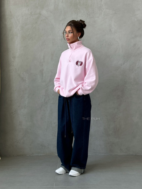 Розовый хлопковый свитшот с воротом на молнии