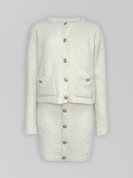 Костюм 6188 плюшевый из кардигана и юбки с золотыми пуговицами