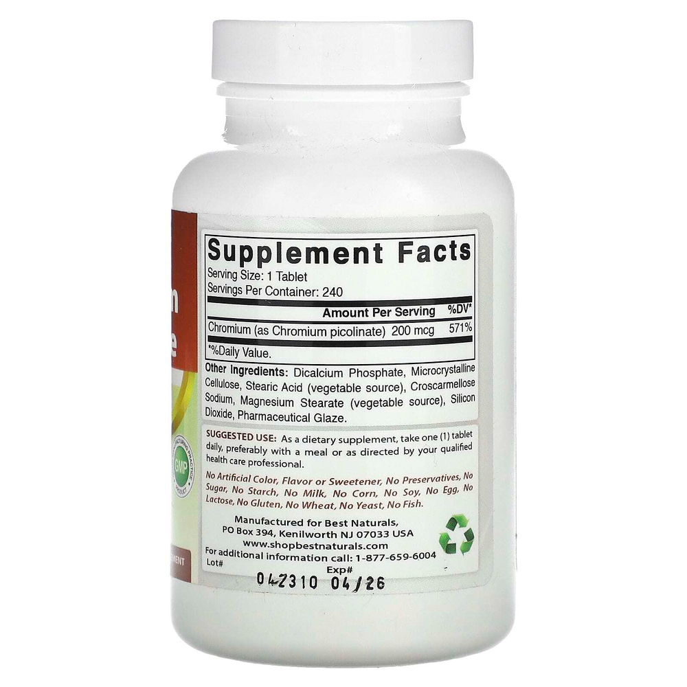 Best Naturals, пиколинат хрома, 200 мкг, 240 таблеток