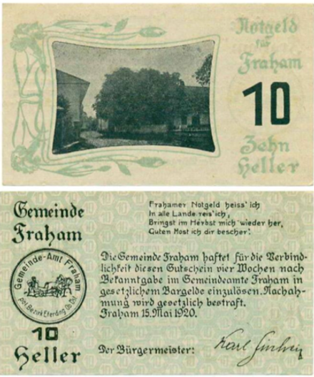 Австрия 10 геллеров 1920 Фрахам aUNC