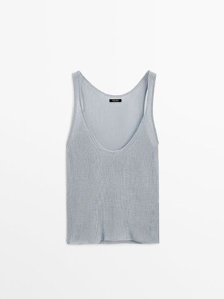 Massimo Dutti Трикотажный топ с декоративной деталью на вырезе и бретелями, серо-синий
