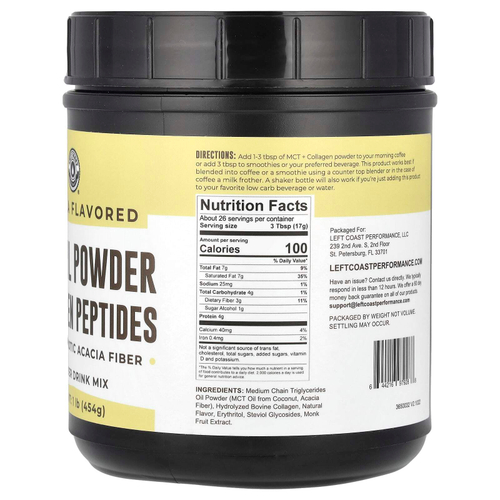 Left Coast Performance, масло MCT в порошке с пептидами коллагена и пребиотическими волокнами акации, со вкусом ванили, 454 г (1 фунт)