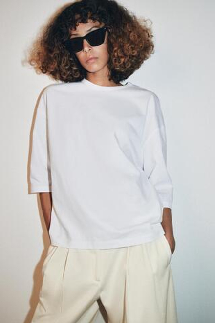 ZARA ФУТБОЛКА В СТИЛЕ РУСТИК С РУКАВАМИ ТРИ ЧЕТВЕРТИ, БЕЛЫЙ