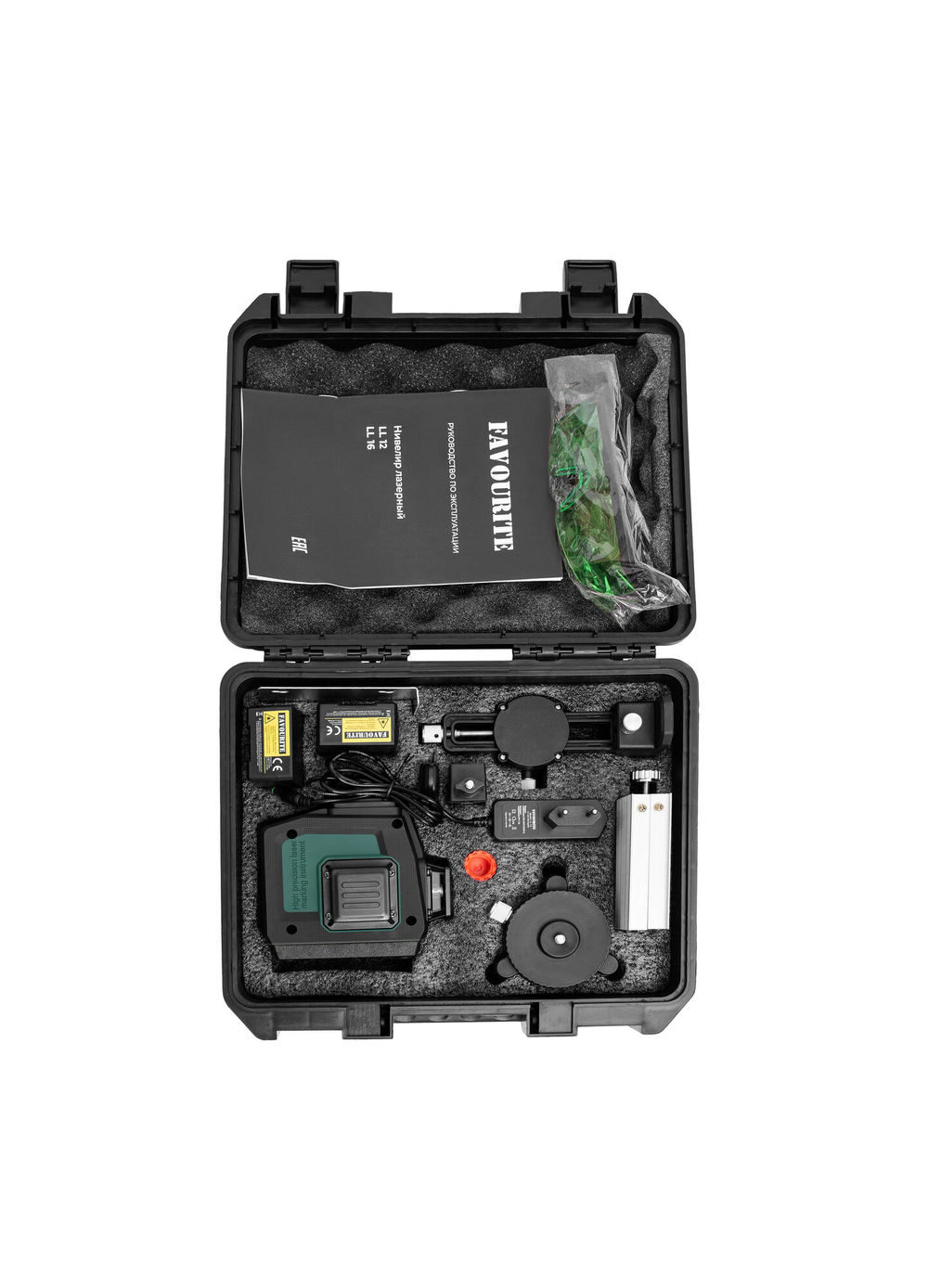 Лазерный нивелир FAVOURITE LL12, с АКБ и ЗУ, зеленый луч, точность 0,2 мм/метр