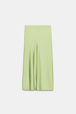 ZARA АТЛАСНАЯ ЮБКА МИДИ, ЯБЛОЧНО-ЗЕЛЕНЫЙ