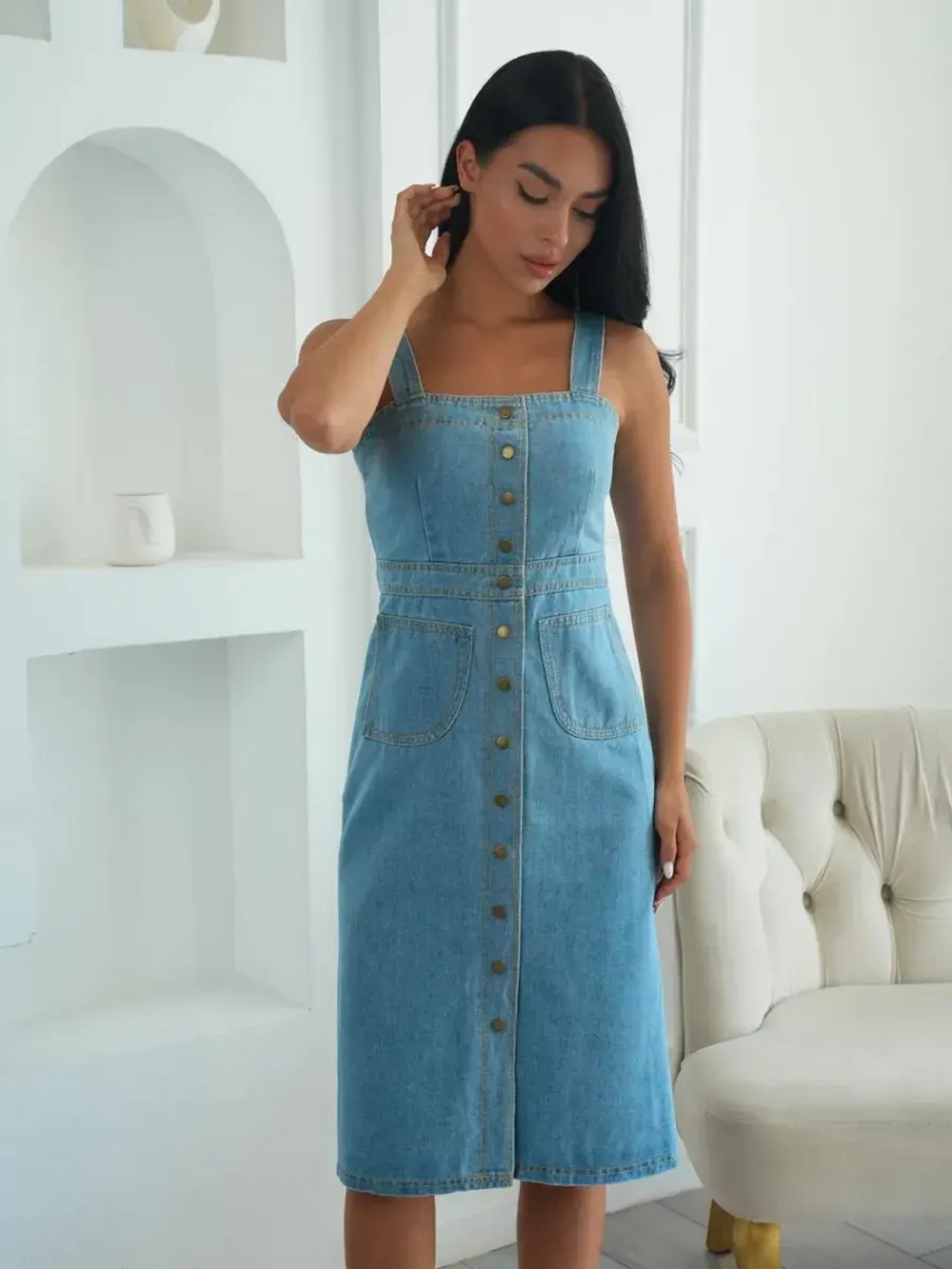 Платье сарафан джинсовый с открытыми плечами летний