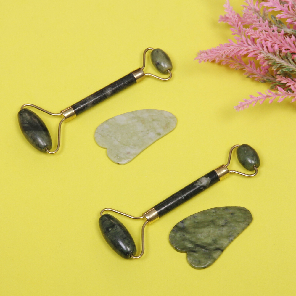 Набор 2шт для лица и шеи декольте «Gua sha - Яшма», микс 2 цвета, в пакете, 13,5*6см (массажер и лопатка)