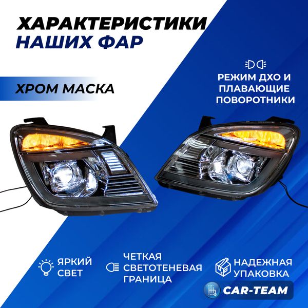Фары Газель Next передние с Bi LED модулями с ДХО и плавающими поворотниками, хром маска (Китай)