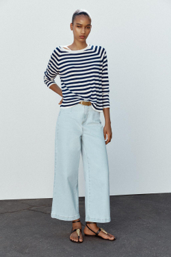 ZARA СВИТЕР ИЗ ТОНКОГО ТРИКОТАЖА В ПОЛОСКУ, ЭКРЮ/СИНИЙ