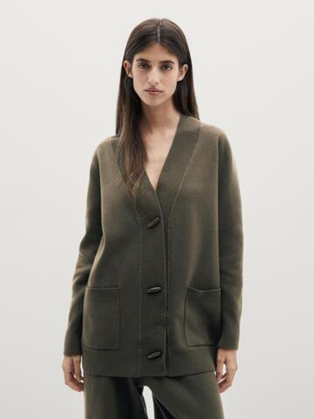 Massimo Dutti Длинный кардиган с пуговицами, серовато-зеленый